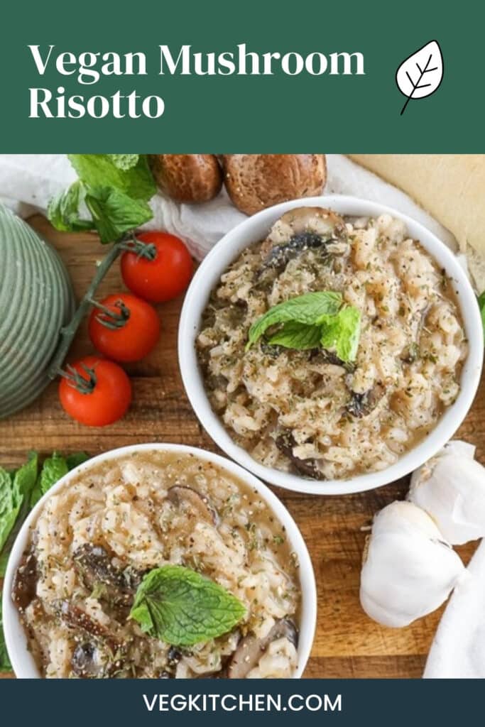 Vegan mushroom risotto Pinterest pin with an overhead view of two bowls
