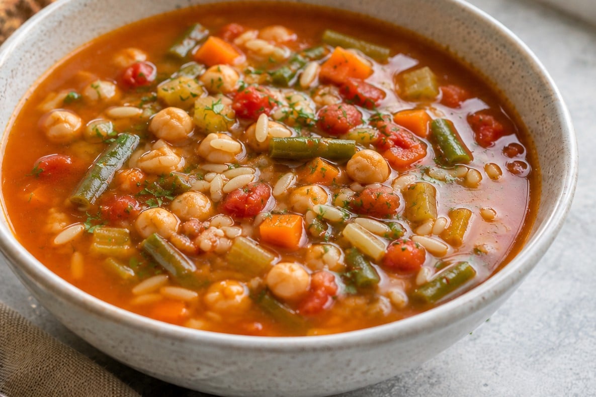 Bowl of vegan orzo minestrone soup with chickpeas and vegetables