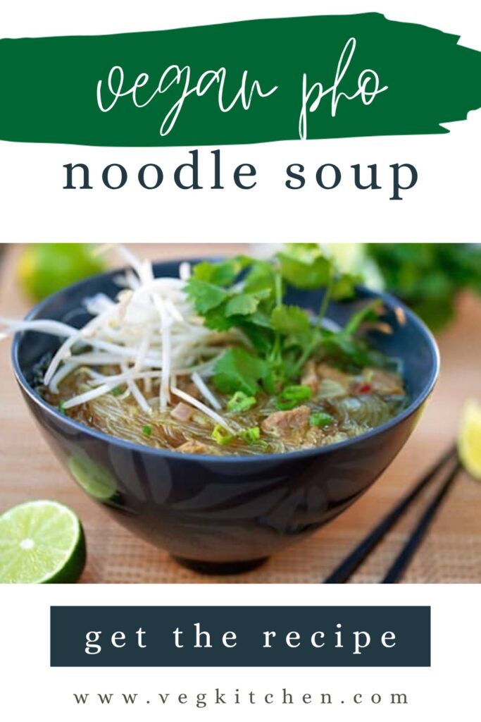 Vegan pho noodle soup Pinterest graphic with a bowl of pho and chopsticks