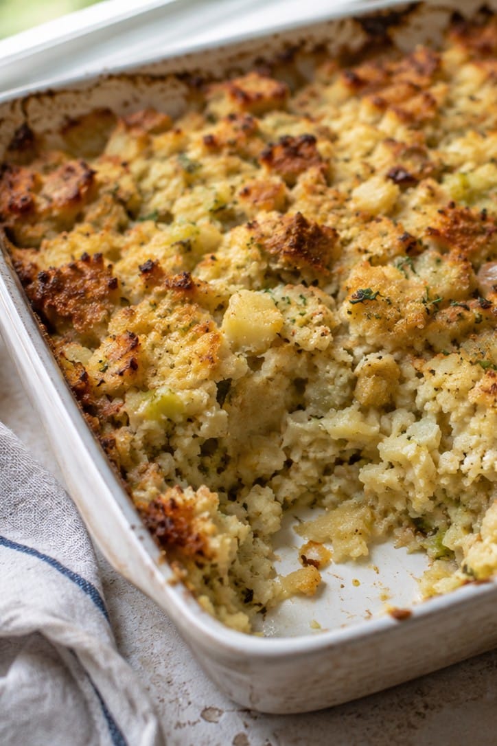 Close-up of potato bread stuffing with crispy top