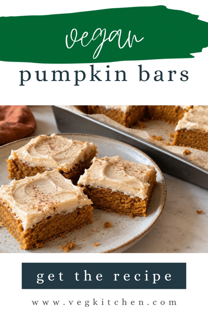 Vegan pumpkin bars Pinterest graphic with frosted bars on a plate