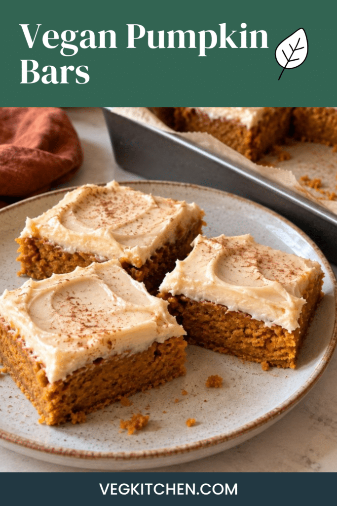 Vegan Pumpkin Bars Pinterest graphic showing frosted pumpkin bars
