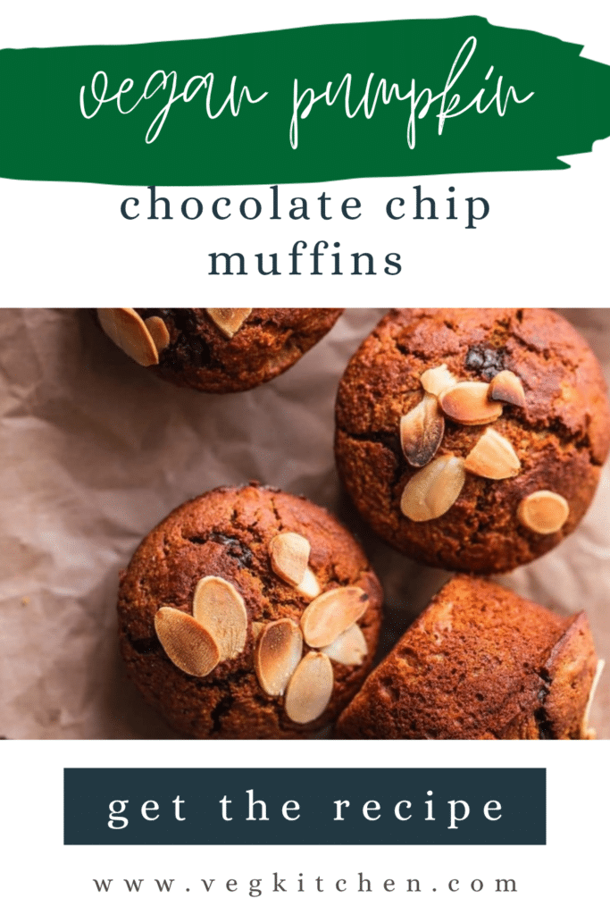Vegan pumpkin chocolate chip muffins topped with sliced almonds, Pinterest graphic