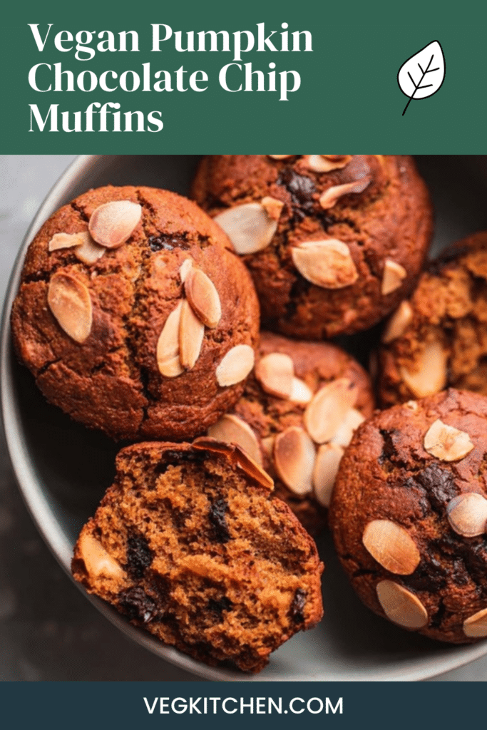 Vegan pumpkin chocolate chip muffins topped with sliced almonds, Pinterest graphic