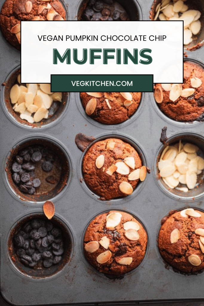 Vegan pumpkin chocolate chip muffins topped with sliced almonds, Pinterest graphic