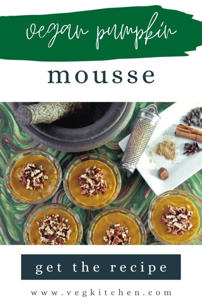 Vegan pumpkin mousse cups topped with pecans next to whole spices, Pinterest graphic