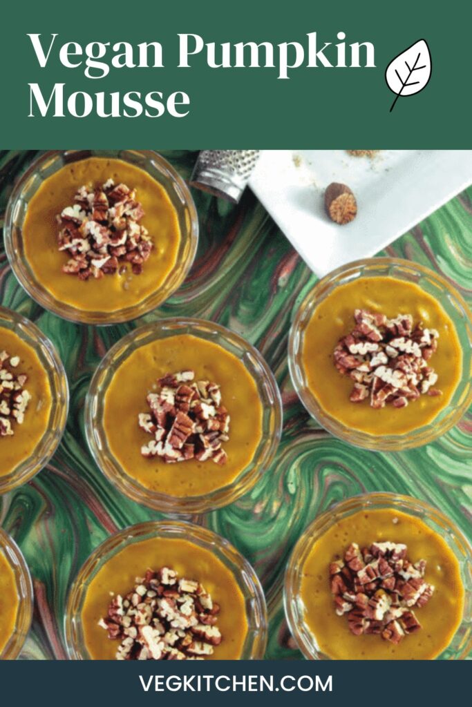 Vegan pumpkin mousse in glass cups topped with chopped pecans, Pinterest graphic