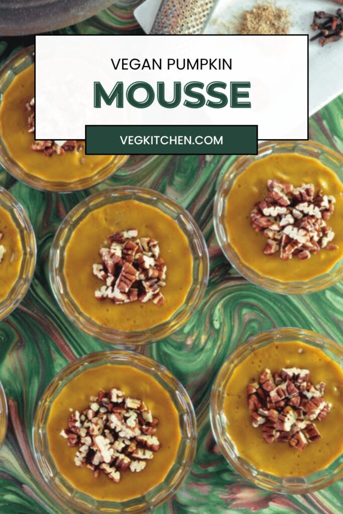 Overhead view of vegan pumpkin mousse cups with pecans, Pinterest graphic