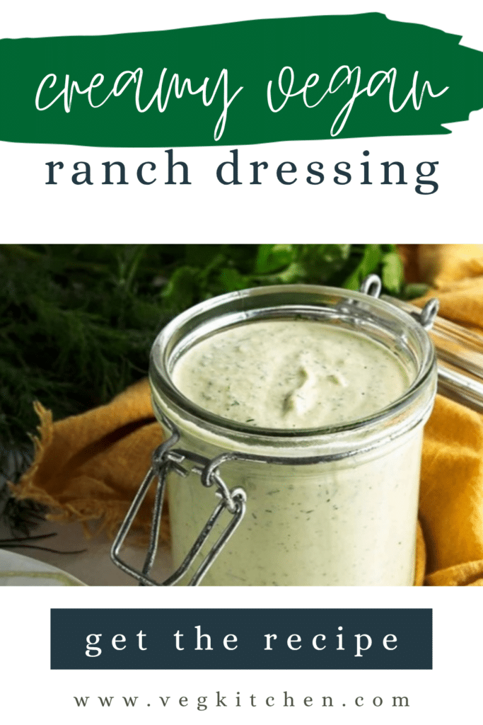 Pinterest pin for creamy vegan ranch dressing with a jar of the dressing