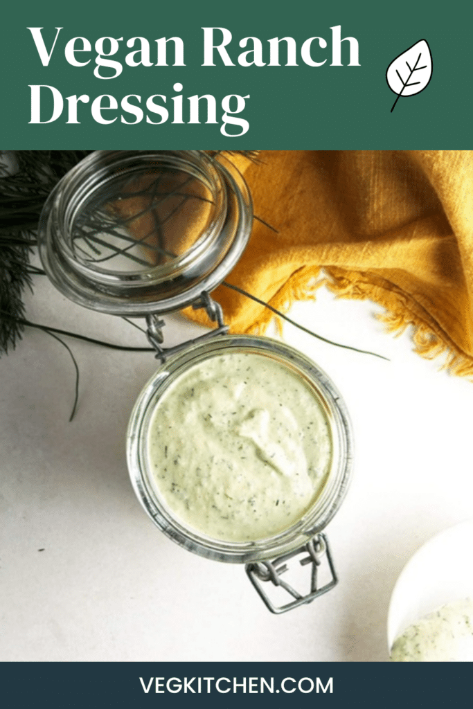 Pinterest pin for vegan ranch dressing with overhead view of the jar