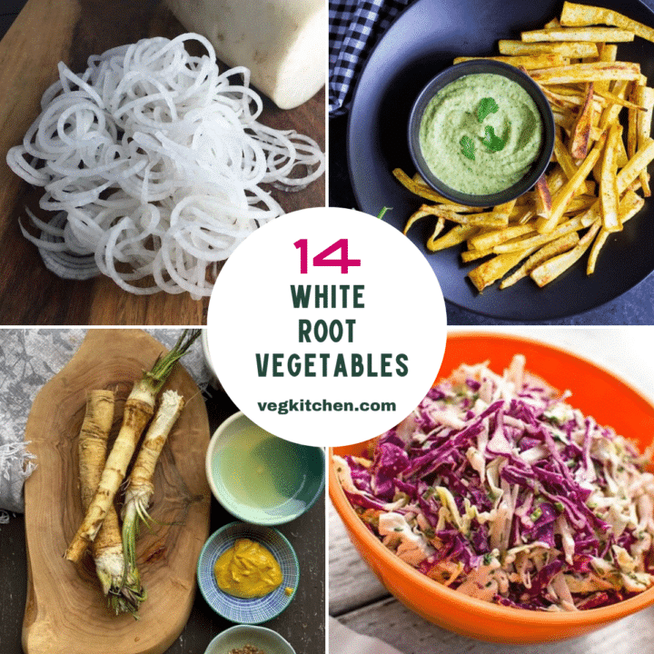 Collage of white root vegetables: spiralized daikon, parsnip fries, fresh horseradish root and jicama coleslaw, with the words 14 White Root Vegetables