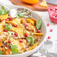 Bowl of vegan quinoa pilaf with za'atar roasted butternut squash and pomegranate