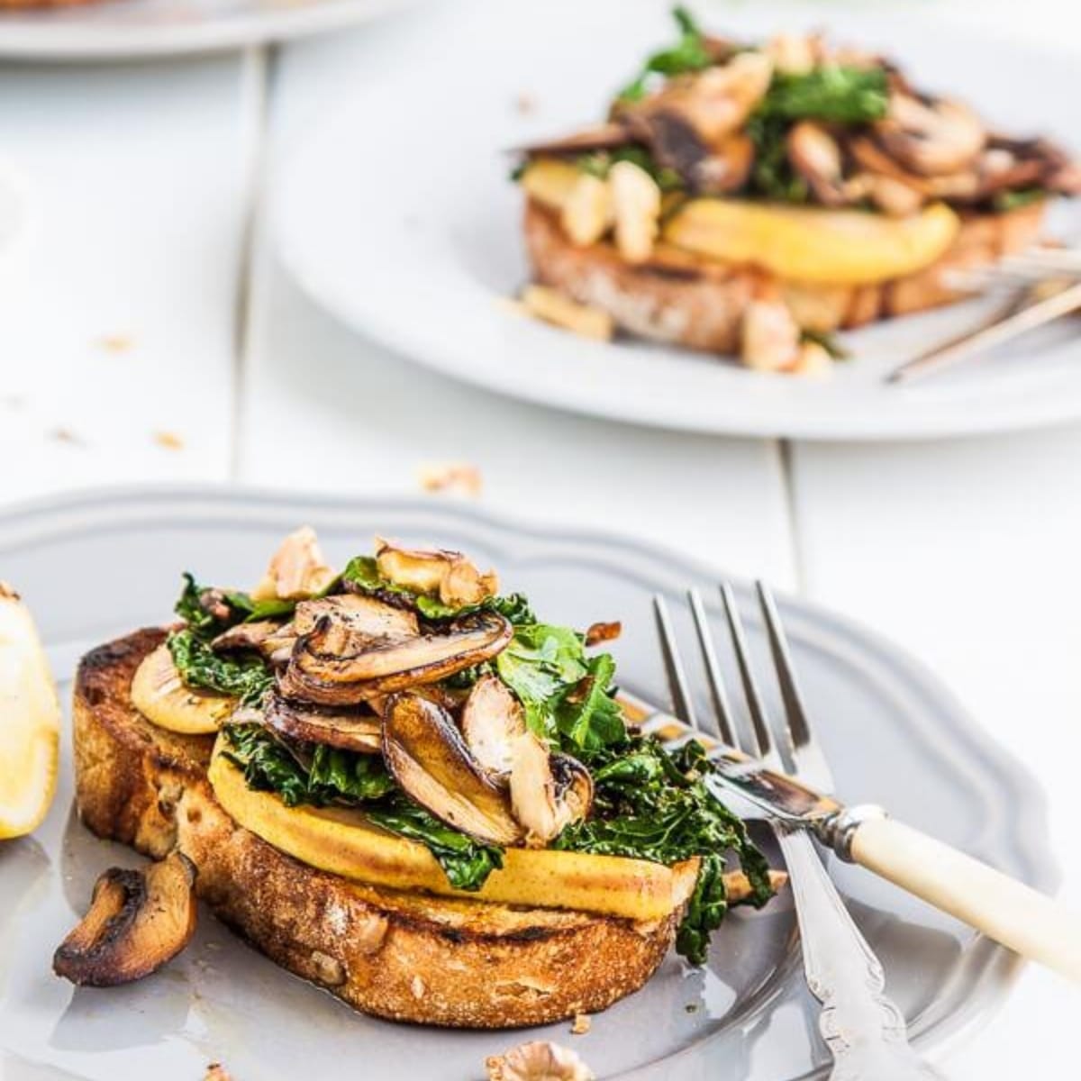 Mushroom, Pear & Cavolo Nero Toasts with Walnuts