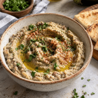 Baba ganoush in a speckled ceramic bowl with olive oil, paprika and parsley, served with pita bread