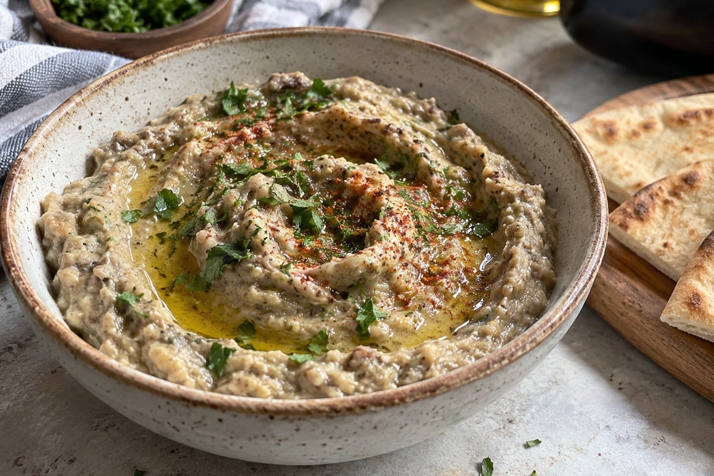 Creamy roasted eggplant baba ganoush drizzled with olive oil and garnished with parsley and paprika, with pita wedges on a board