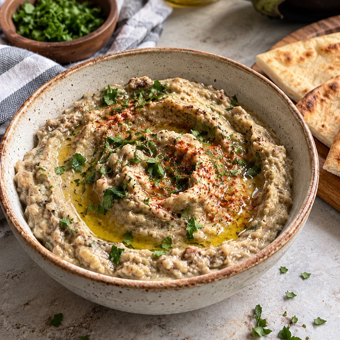 Bowl of Middle Eastern eggplant dip with a swirl of olive oil, paprika and parsley next to warm pita bread