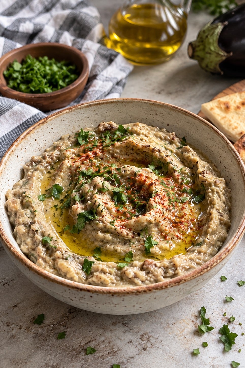 Baba ganoush in a speckled ceramic bowl topped with olive oil, paprika and chopped parsley, with pita and a whole eggplant behind