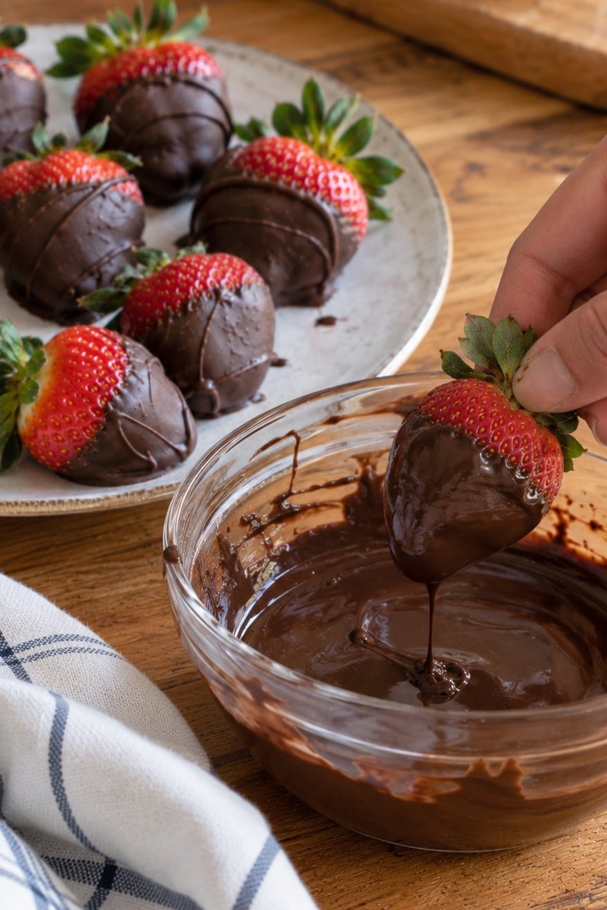 Hand dipping a fresh strawberry into a bowl of melted dairy-free dark chocolate