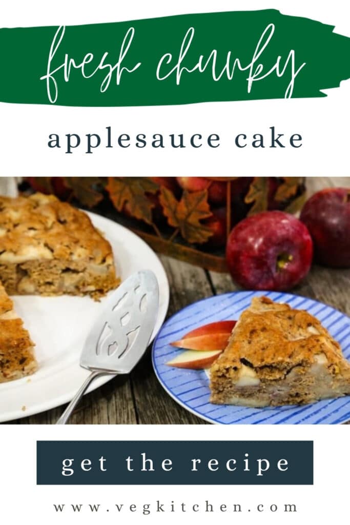 Fresh chunky applesauce cake Pinterest pin showing a slice on a blue striped plate