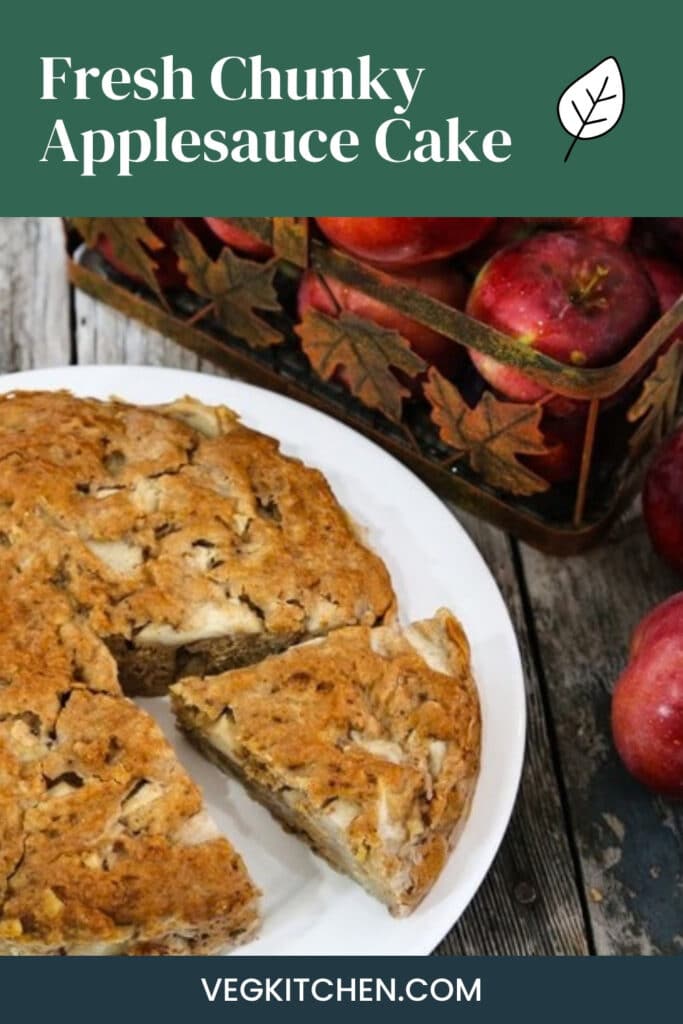 Fresh chunky applesauce cake Pinterest pin showing the cake on a white plate with red apples