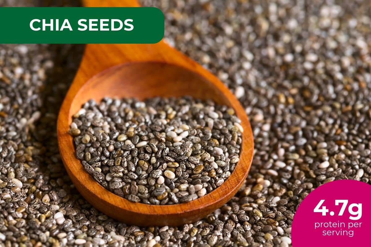 Chia seeds in a wooden spoon, labeled 4.7 g protein per serving
