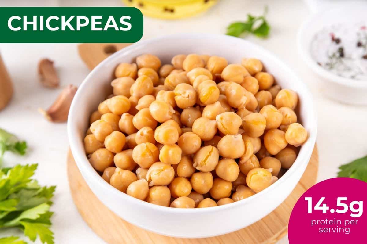 White bowl of cooked chickpeas, labeled 14.5 g protein per serving