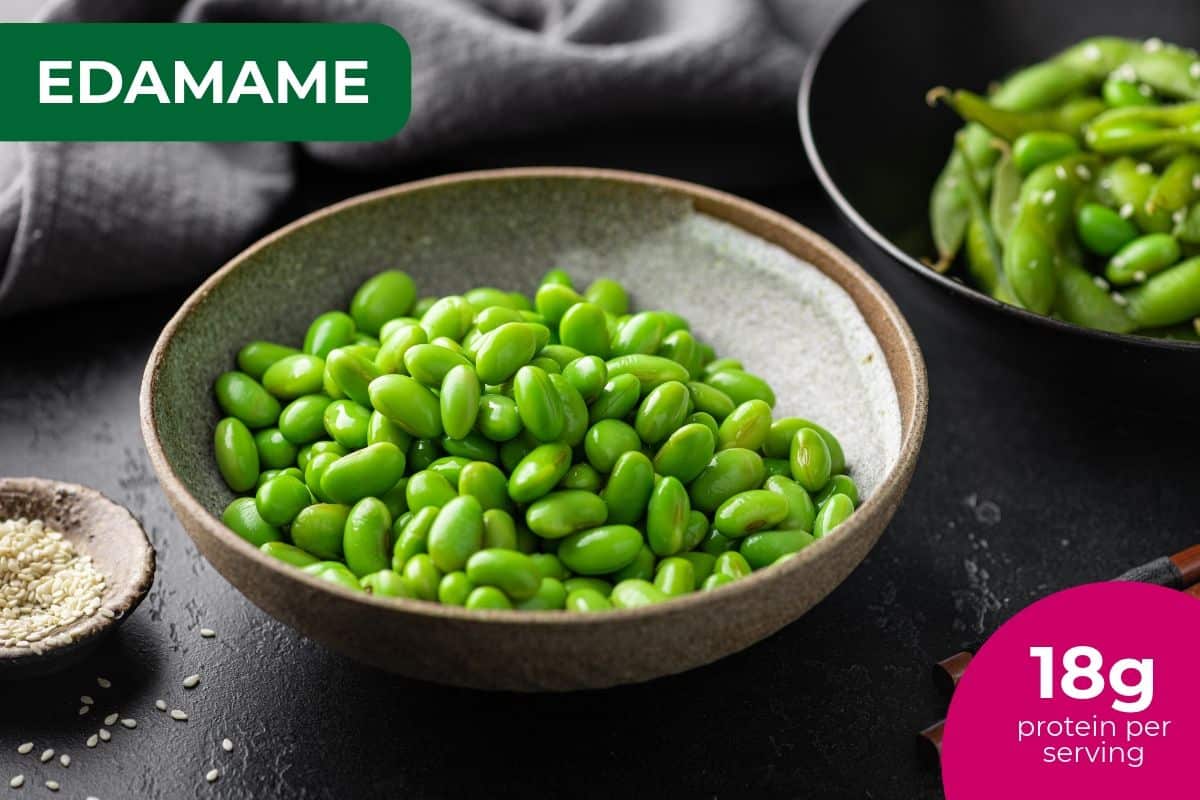 Bowl of shelled green edamame beans, labeled 18 g protein per serving