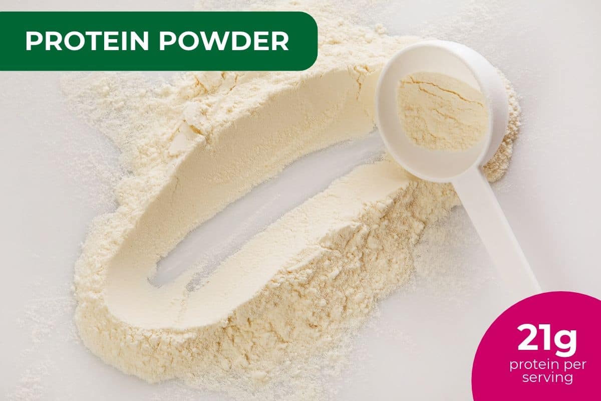 Plant-based protein powder with a measuring scoop, labeled 21 g protein per serving
