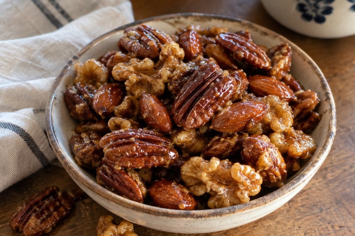Close-up of glossy sweet and spicy glazed mixed nuts in a bowl