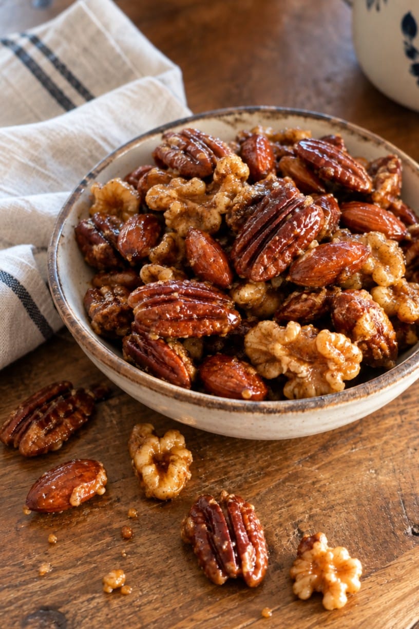 Bowl of maple glazed pecans, almonds and walnuts on a wooden table