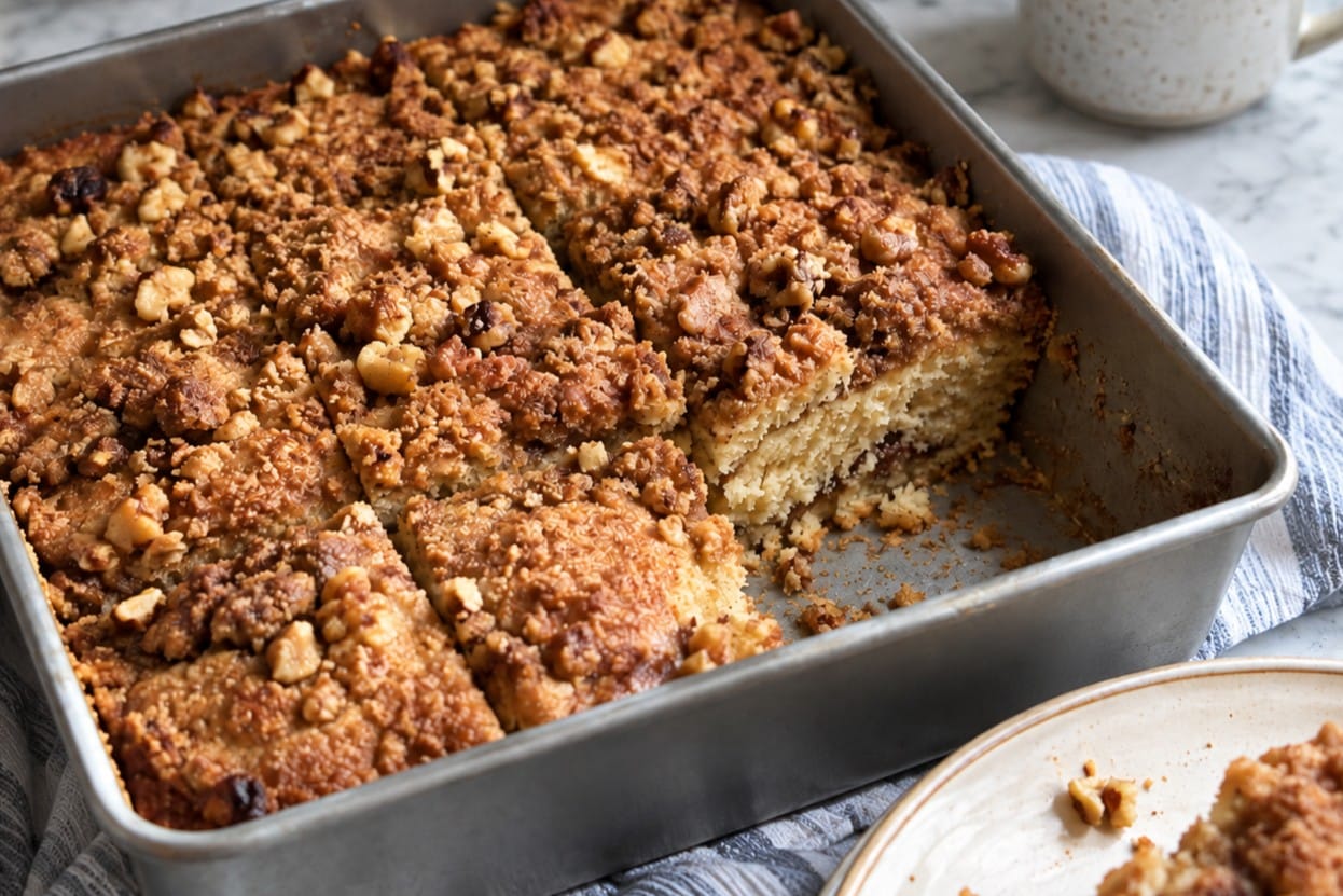 Vegan coffee cake with cinnamon-walnut crumble in a 9x9 metal baking pan with one square removed