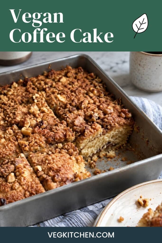 Vegan Coffee Cake Pinterest graphic showing crumble-topped squares in a baking pan