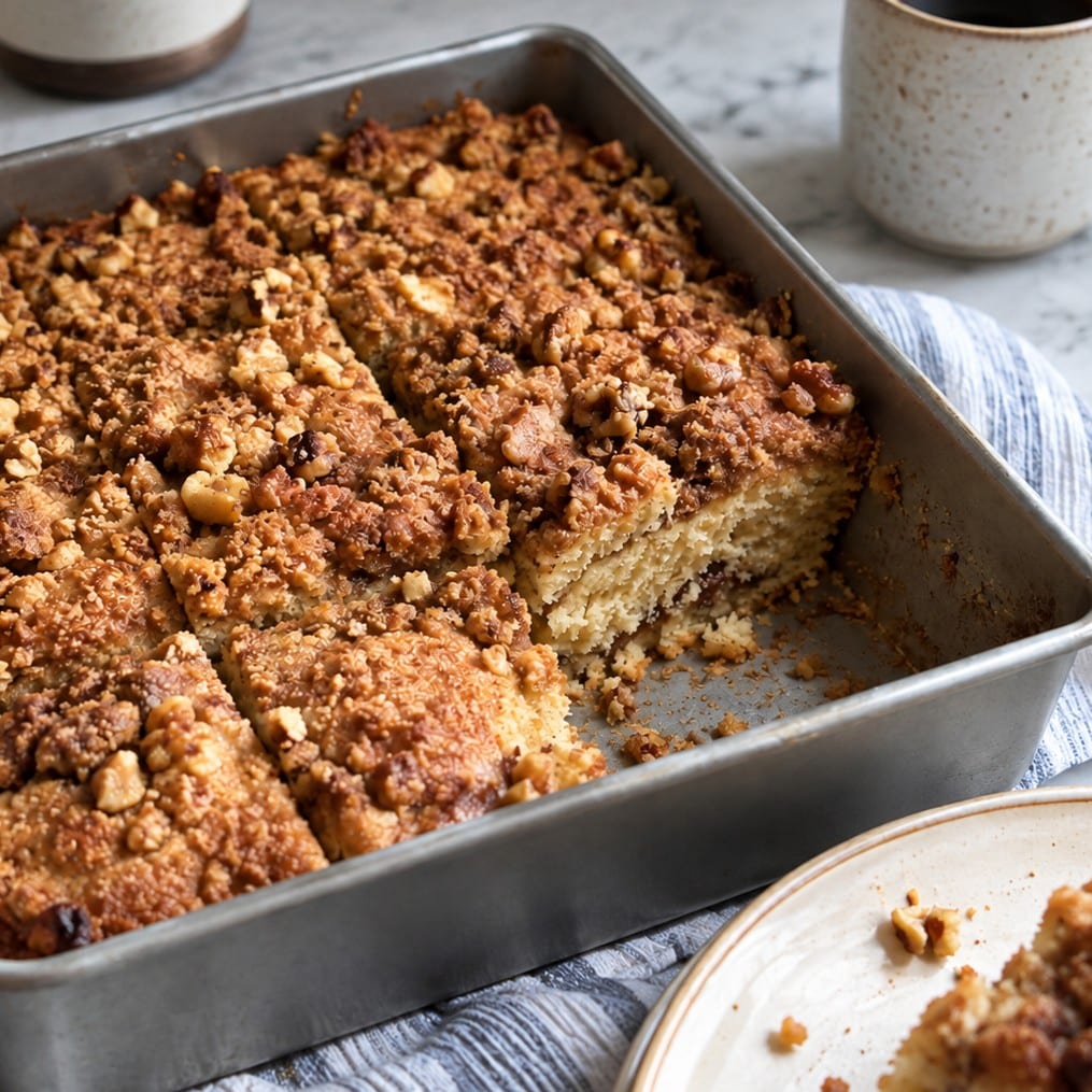 Vegan coffee cake cut into squares in a 9x9 pan, topped with a cinnamon-walnut crumble