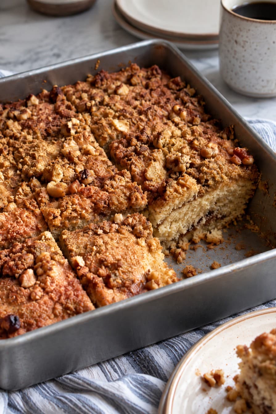 Vegan coffee cake with a crunchy cinnamon-walnut crumble topping, sliced into squares in a square baking pan beside a mug of coffee