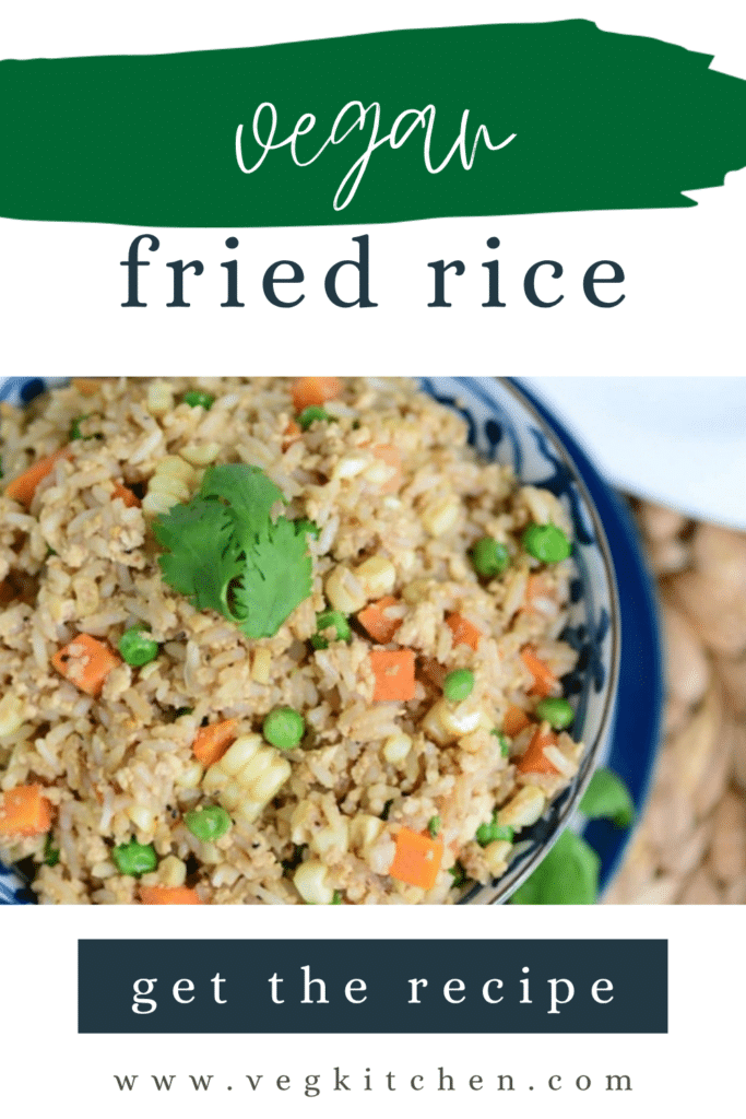 Vegan fried rice with tofu, peas, carrots and corn in a blue bowl, Pinterest graphic