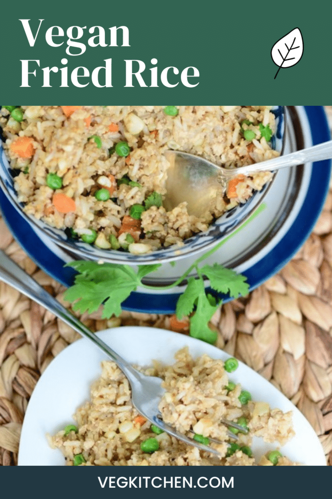 Vegan fried rice served in a bowl and on a plate, Pinterest graphic