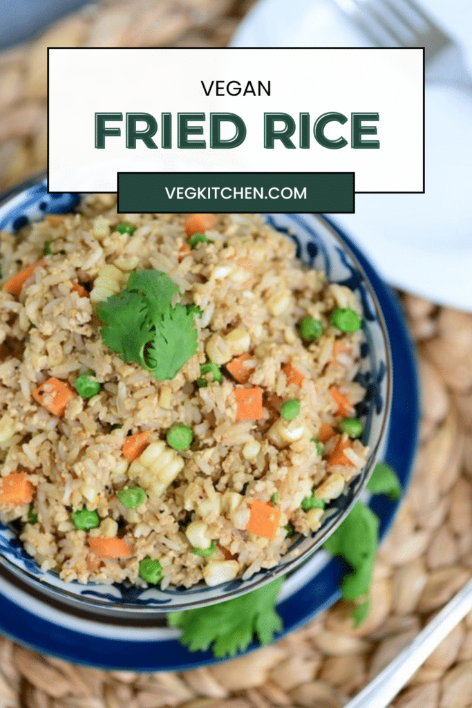 Bowl of vegan fried rice with tofu and vegetables, Pinterest graphic