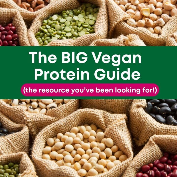 Burlap sacks of dried beans, peas and soybeans with the title The BIG Vegan Protein Guide