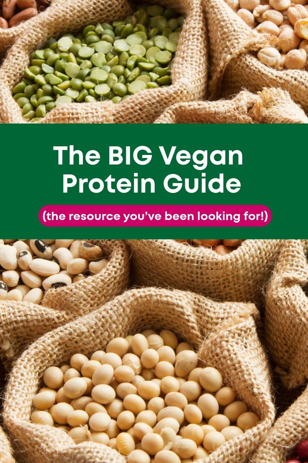 Burlap sacks of split peas, chickpeas and soybeans with the title The BIG Vegan Protein Guide