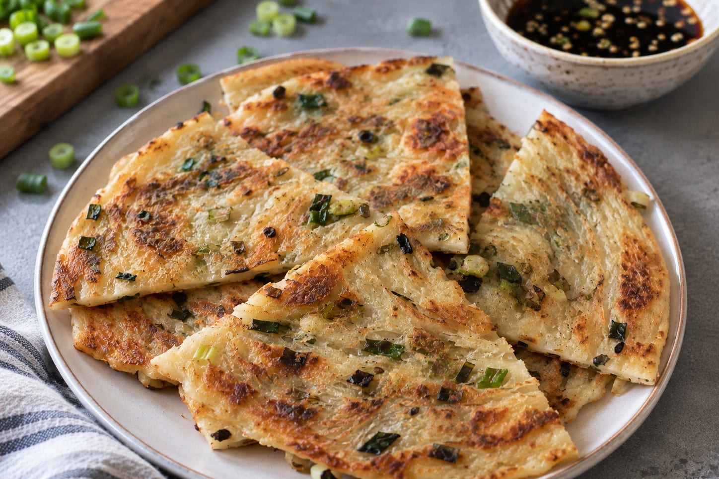 Plate of crispy layered scallion pancake wedges with chopped green onions and dipping sauce