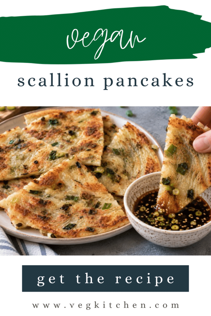 Vegan scallion pancakes Pinterest pin showing a wedge dipped in soy sauce