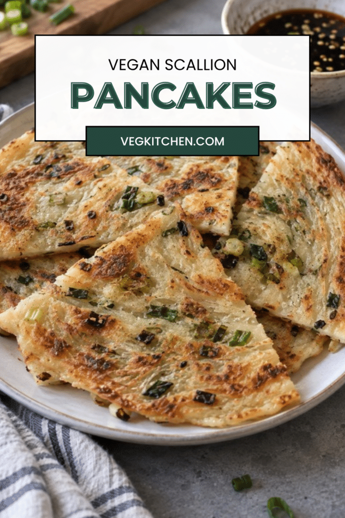 Vegan scallion pancakes Pinterest pin with flaky pancake wedges and dipping sauce