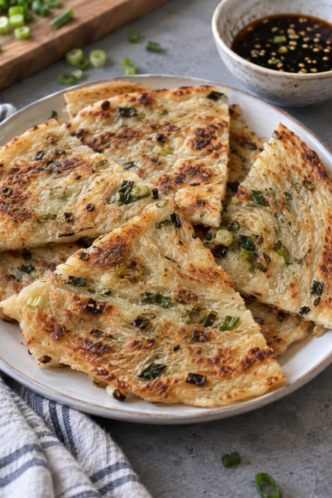 Flaky vegan scallion pancakes cut into wedges on a white plate with a bowl of soy dipping sauce