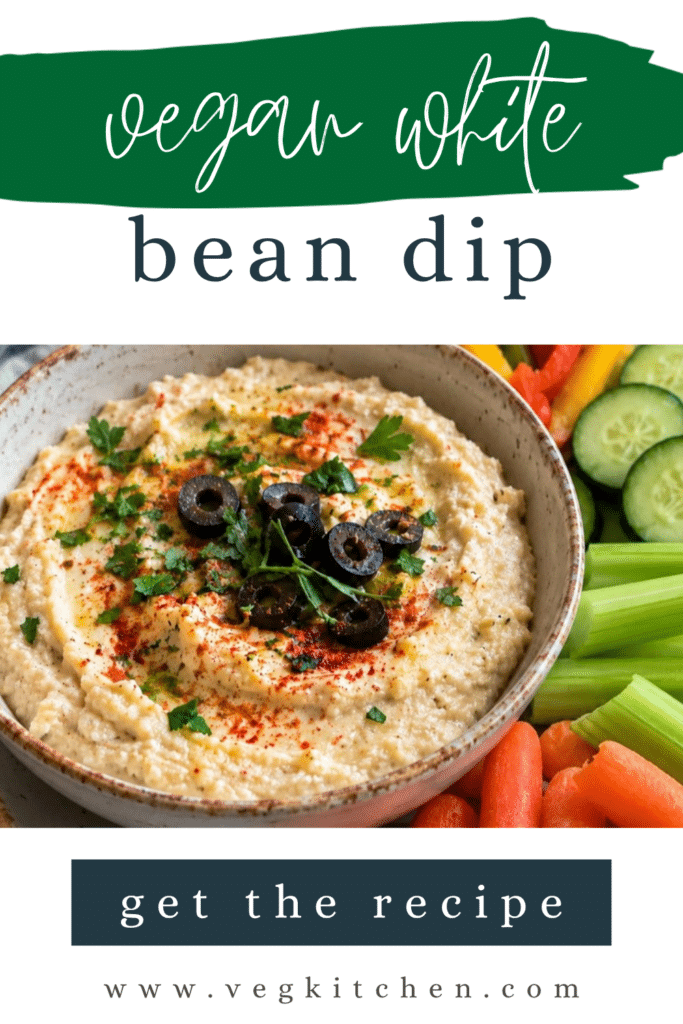 Vegan White Bean Dip - creamy white bean dip garnished with paprika, herbs and olives (Pinterest pin)