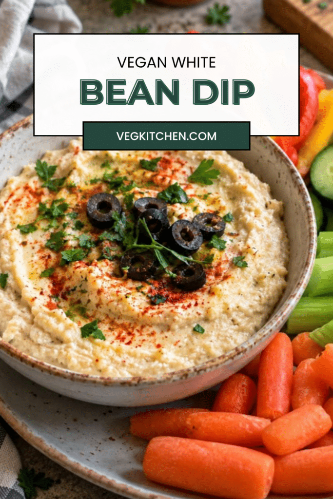 Vegan White Bean Dip - creamy white bean dip garnished with paprika, herbs and olives (Pinterest pin)