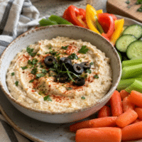 Vegan white bean dip topped with paprika, parsley and black olives with fresh vegetable dippers