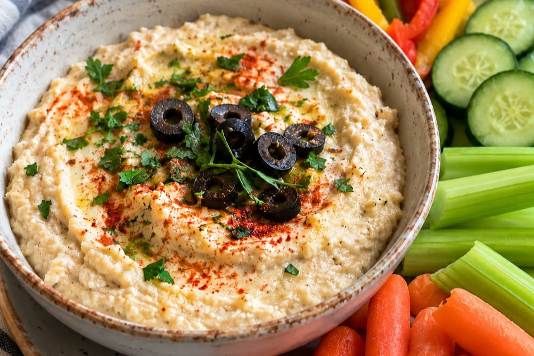 Close-up of white bean dip drizzled with olive oil and topped with paprika, chopped parsley and black olives beside cucumber and celery