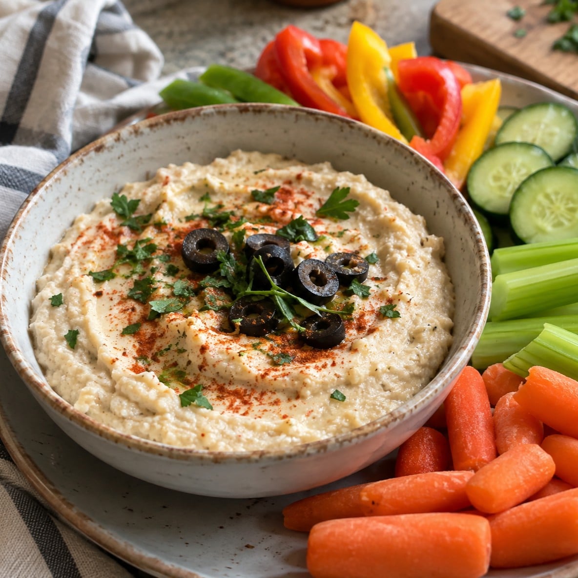 Vegan white bean dip in a speckled bowl topped with paprika, parsley and sliced black olives, served with fresh vegetables