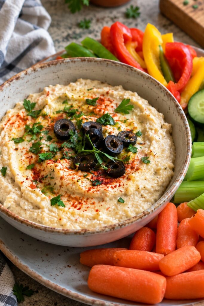 Creamy vegan white bean dip garnished with paprika, fresh parsley, sliced olives and a drizzle of olive oil, with carrots, celery and bell peppers